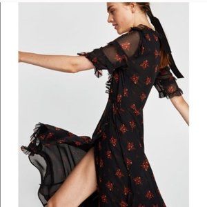 Zara Black Floral Ruffle Wrap Dress Sz S